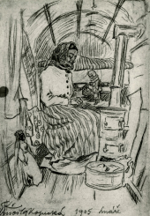 Loutkářka Arnoštka Kopecká s loutkami u kamen ve svém vostaváku.