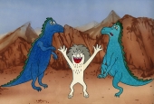 Animovaná loutka Človíčka mezi dvěma dinosaury.