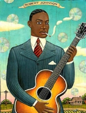 Kreslený portrét černošského bluesmana Roberta Johnsona.